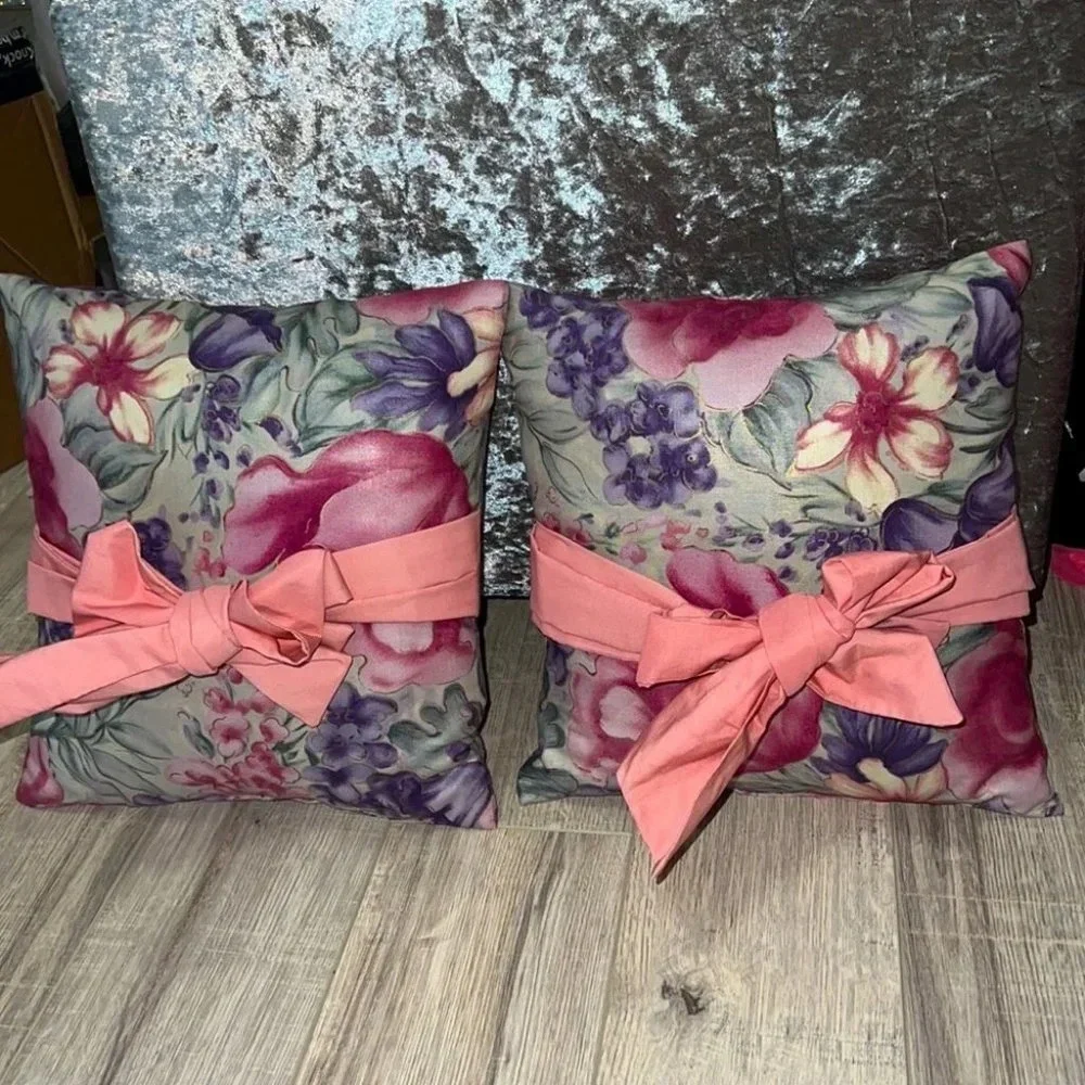 Vintage pillows bows floral pink green purple gold rare retro ribbon tie up